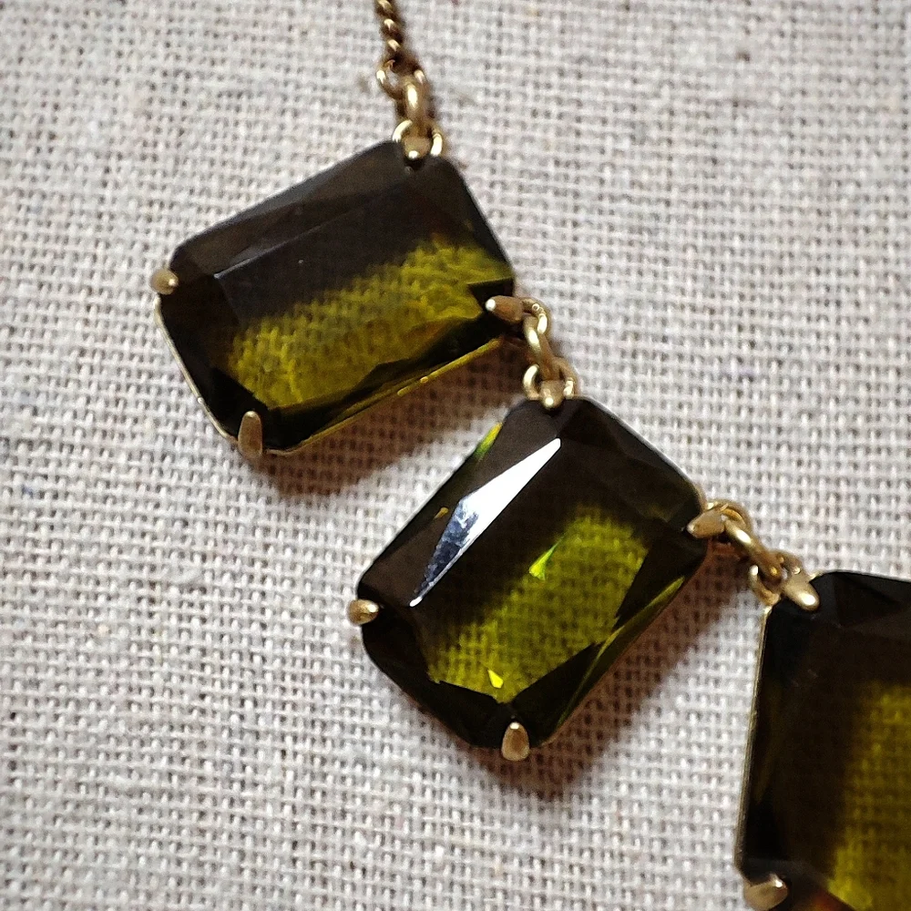J. Crew Olivine Statement Necklace Green Emerald Cut Faceted Beveled Stones EUC
